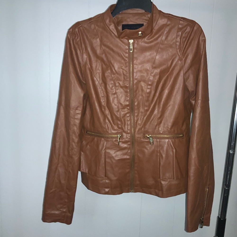 Steve Madden vegan leather moto jacket Sz M front zip peplum back zip cuffs